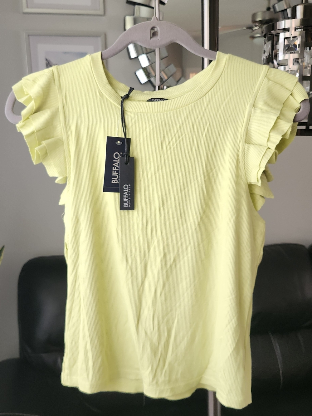 Buffalo David Bitton Yellow Green Ruffle Sleeve Tank Top NWT